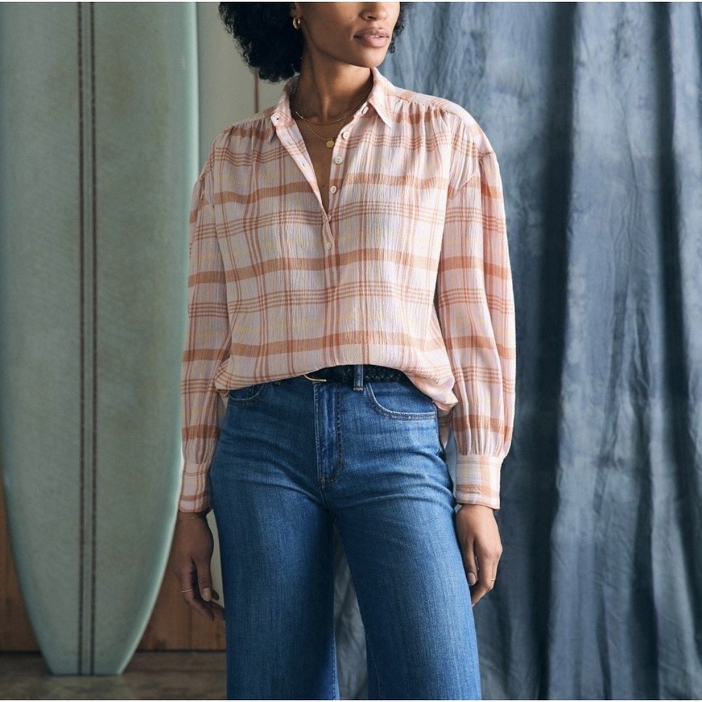 Faherty Womens Olli Blouse In Aroma Plaid Size XS Organic Cotton